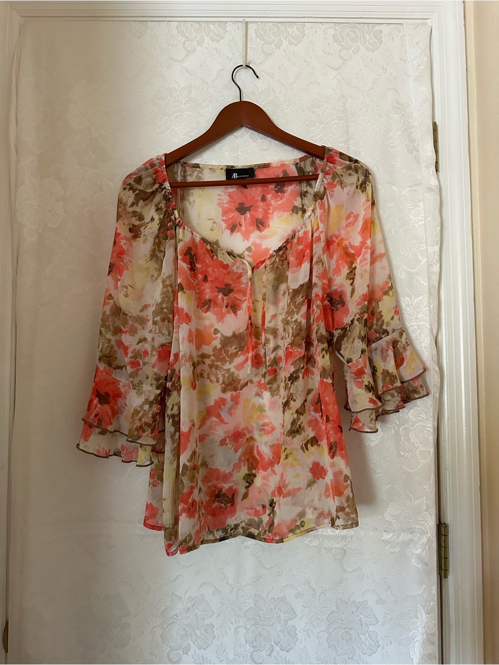 AB Studio Coral and Olive Floral Chiffon Ruffle Sleeve Blouse